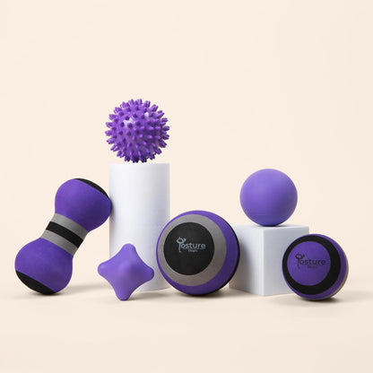 Massage Ball Kit for Myofascial Trigger Point Release & Deep Tissue Massage - Set of 6 - Large Foam/Small Foam/Lacrosse/Peanut/Spiky/Hand Exercise Ball (Purple)
