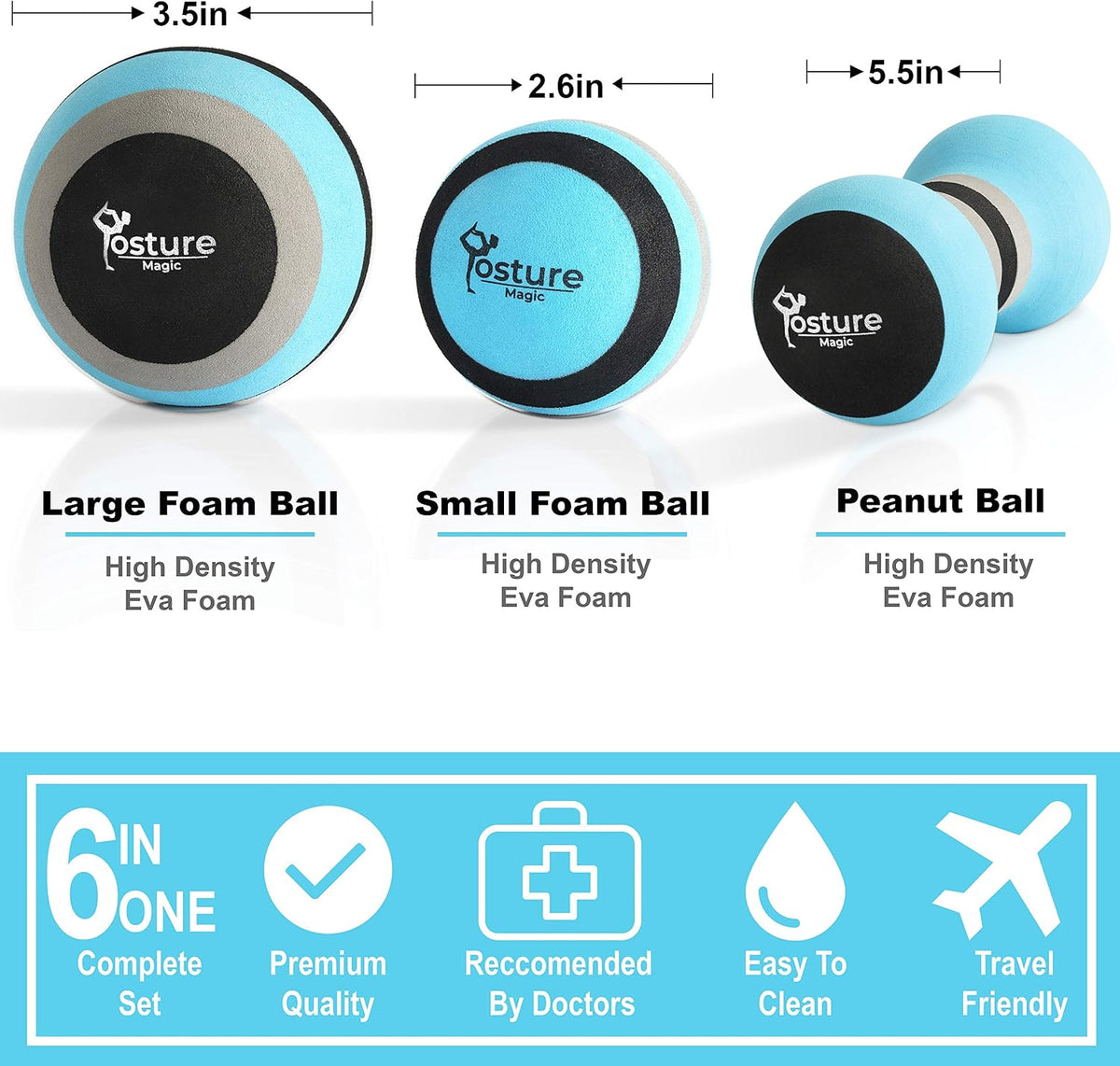 Massage Ball Kit for Myofascial Trigger Point Release & Deep Tissue Massage - Set of 6 - Large Foam/Small Foam/Lacrosse/Peanut/Spiky/Hand Exercise Ball (Purple)