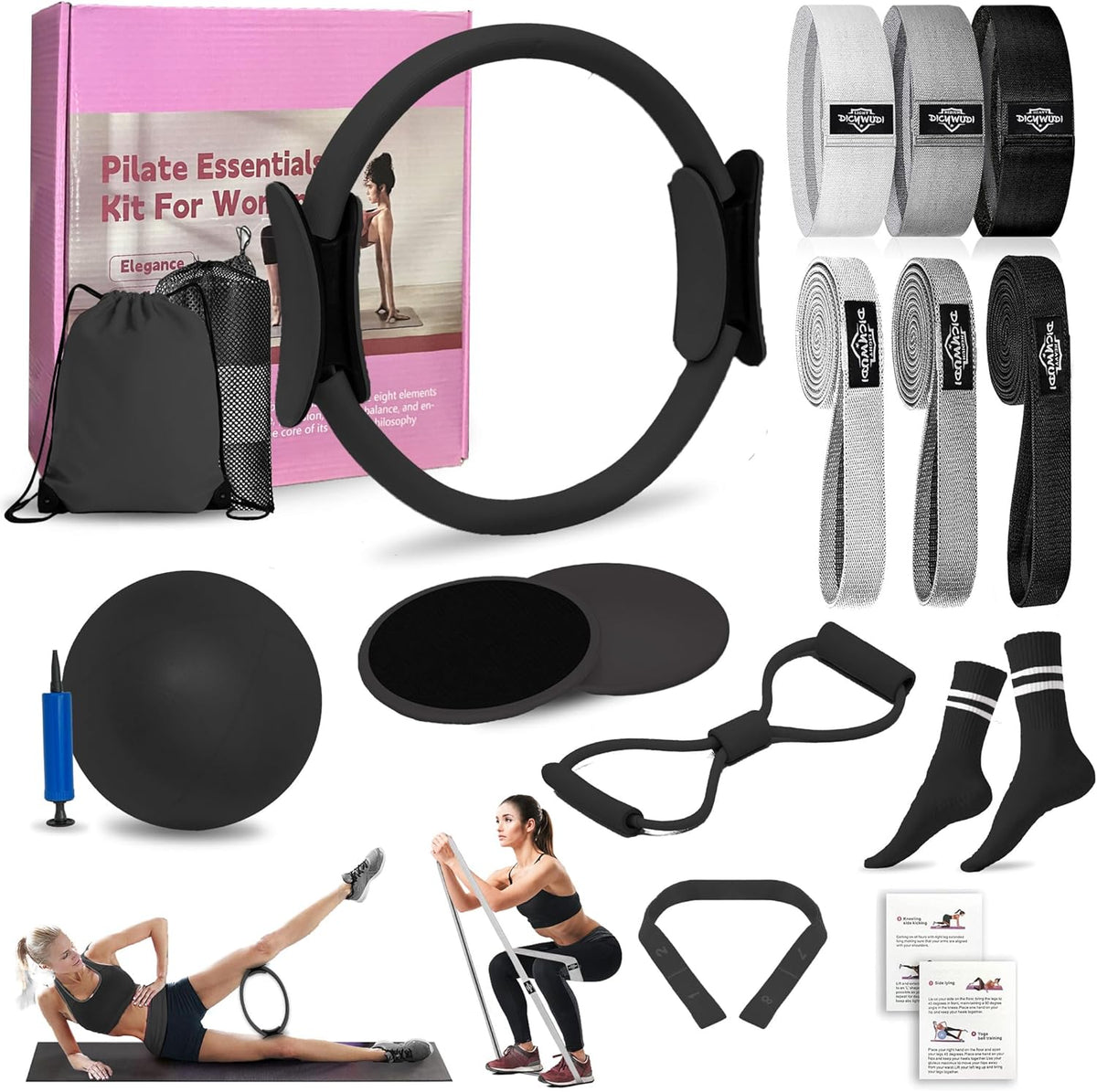 DICYWUDI Pilates Essentials Kit for Home Women, Pilates Equipment for Workouts, 6 Fabric Resistance Bands, 12 Inch Magic Circle Yoga Ring, Mini Exercise Ball, Great Exercise Equipment