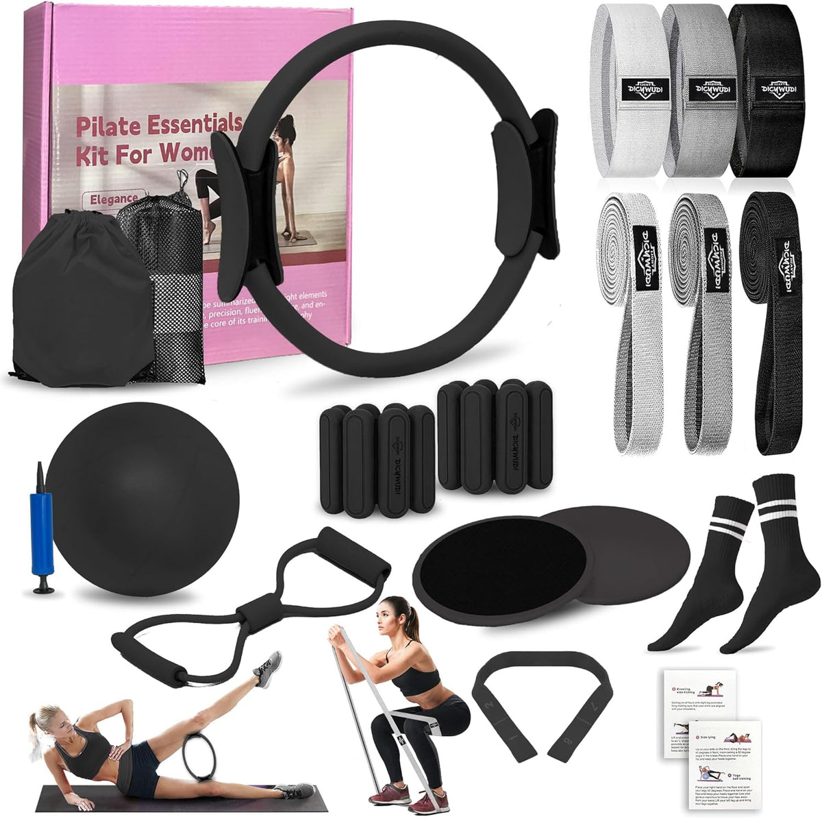 DICYWUDI Pilates Essentials Kit for Home Women, Pilates Equipment for Workouts, 6 Fabric Resistance Bands, 12 Inch Magic Circle Yoga Ring, Mini Exercise Ball, Great Exercise Equipment