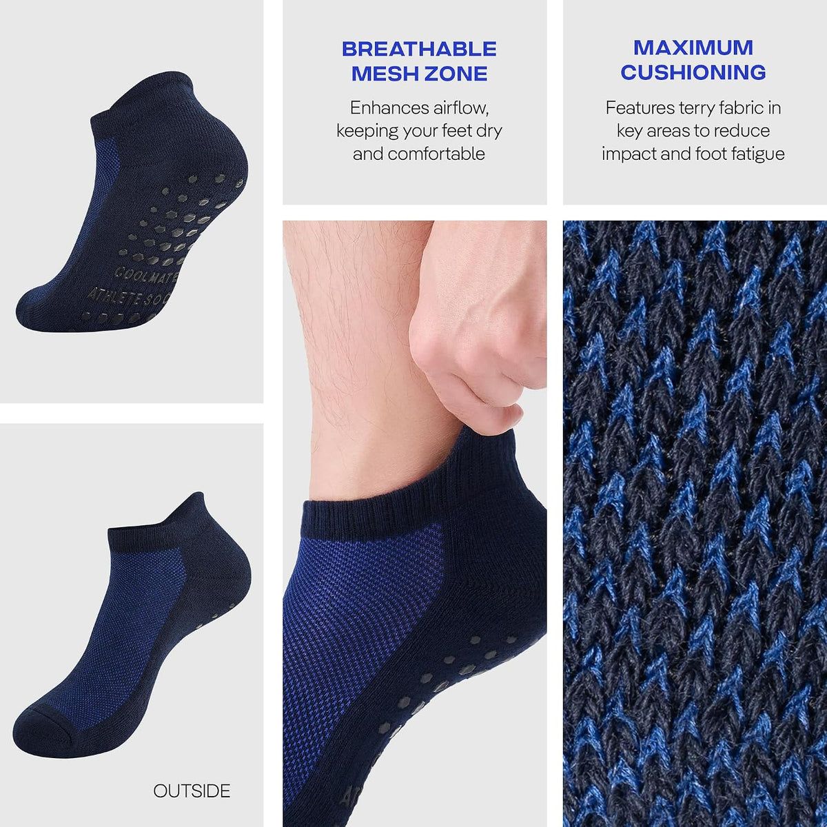 CoolMate Mens Grip Socks, Non Slip Athletic Socks for Pilates, Yoga