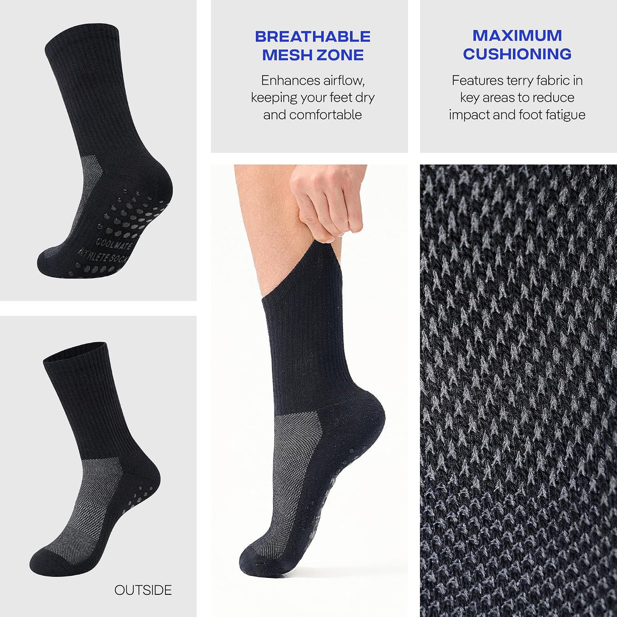 CoolMate Mens Grip Socks, Non Slip Athletic Socks for Pilates, Yoga