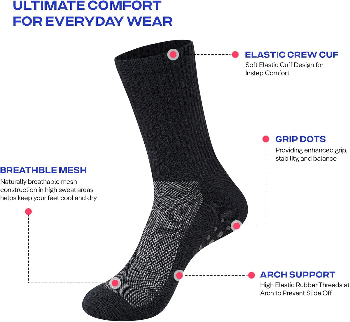 CoolMate Mens Grip Socks, Non Slip Athletic Socks for Pilates, Yoga