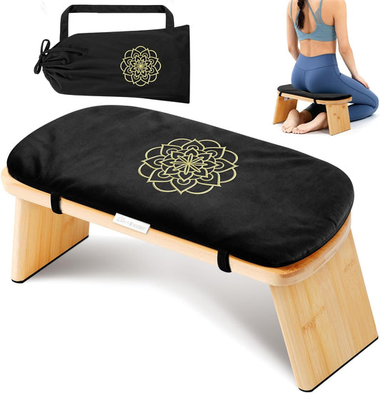 Folding Bamboo Meditation Bench with Cushion & Carry Bag – Ergonomic Yoga and Prayer Stool for Comfort and Posture Support (Black)