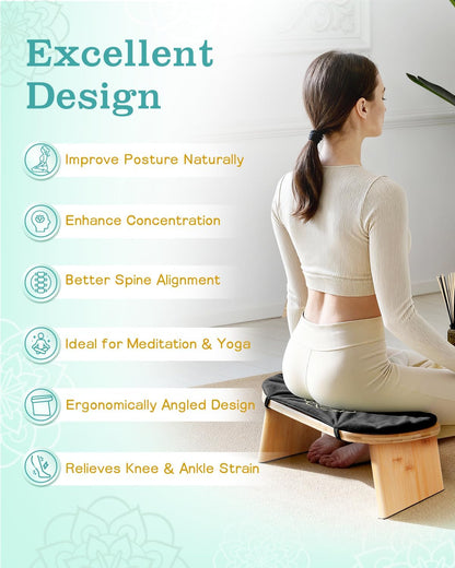Folding Bamboo Meditation Bench with Cushion & Carry Bag – Ergonomic Yoga and Prayer Stool for Comfort and Posture Support (Black)