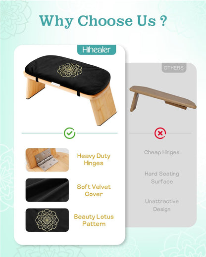 Folding Bamboo Meditation Bench with Cushion & Carry Bag – Ergonomic Yoga and Prayer Stool for Comfort and Posture Support (Black)