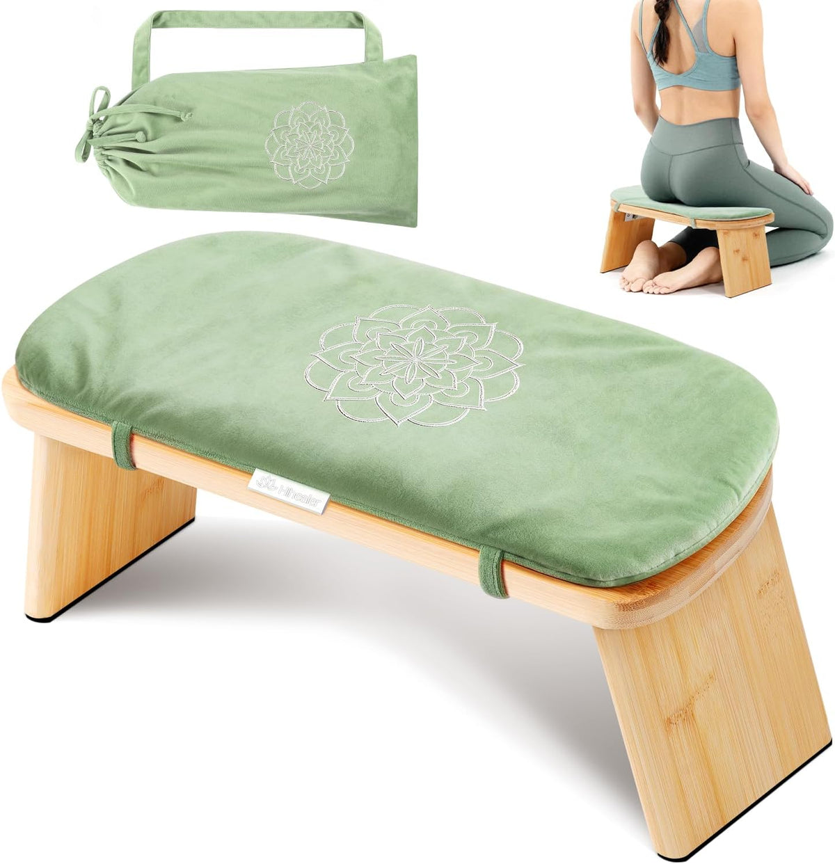 Folding Bamboo Meditation Bench with Cushion & Carry Bag – Ergonomic Yoga and Prayer Stool for Comfort and Posture Support (Black)