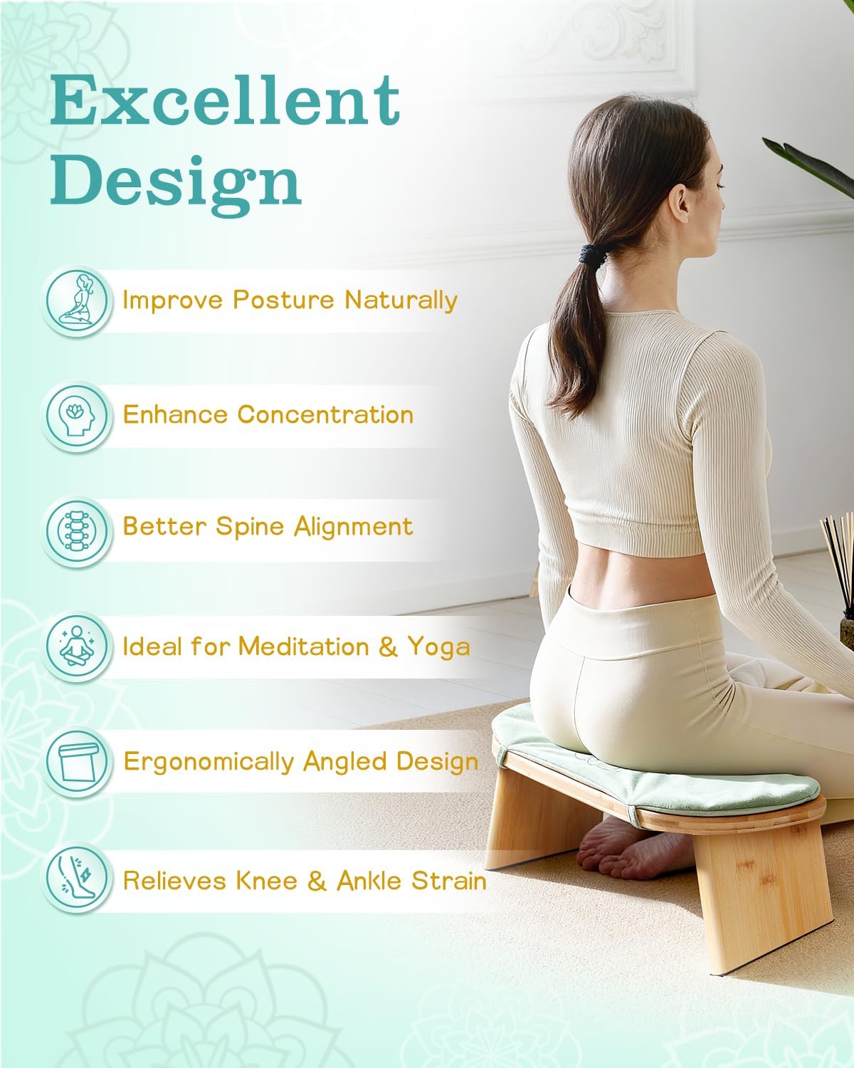 Folding Bamboo Meditation Bench with Cushion & Carry Bag – Ergonomic Yoga and Prayer Stool for Comfort and Posture Support (Black)