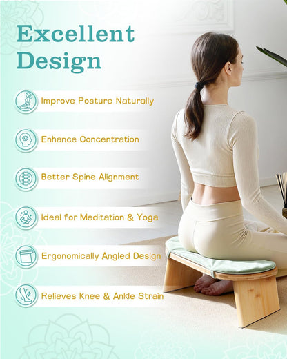 Folding Bamboo Meditation Bench with Cushion & Carry Bag – Ergonomic Yoga and Prayer Stool for Comfort and Posture Support (Black)