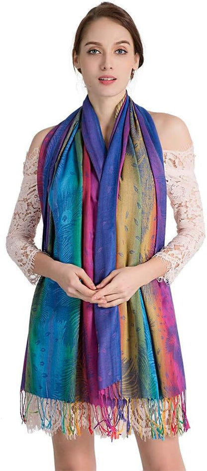 Colorful flowers Jacquard cotton pashmina Women Wrap Shawl tassels Scarves