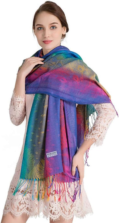 Colorful flowers Jacquard cotton pashmina Women Wrap Shawl tassels Scarves