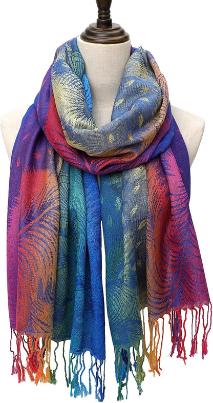 Colorful flowers Jacquard cotton pashmina Women Wrap Shawl tassels Scarves