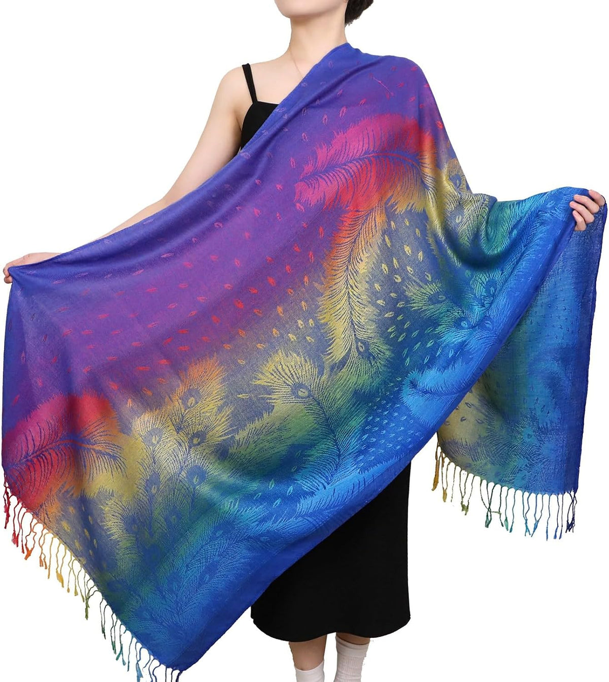 Colorful flowers Jacquard cotton pashmina Women Wrap Shawl tassels Scarves