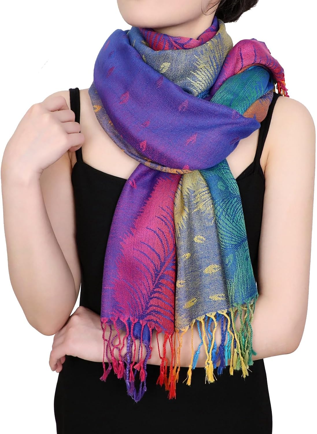 Colorful flowers Jacquard cotton pashmina Women Wrap Shawl tassels Scarves