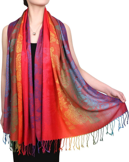 Colorful flowers Jacquard cotton pashmina Women Wrap Shawl tassels Scarves