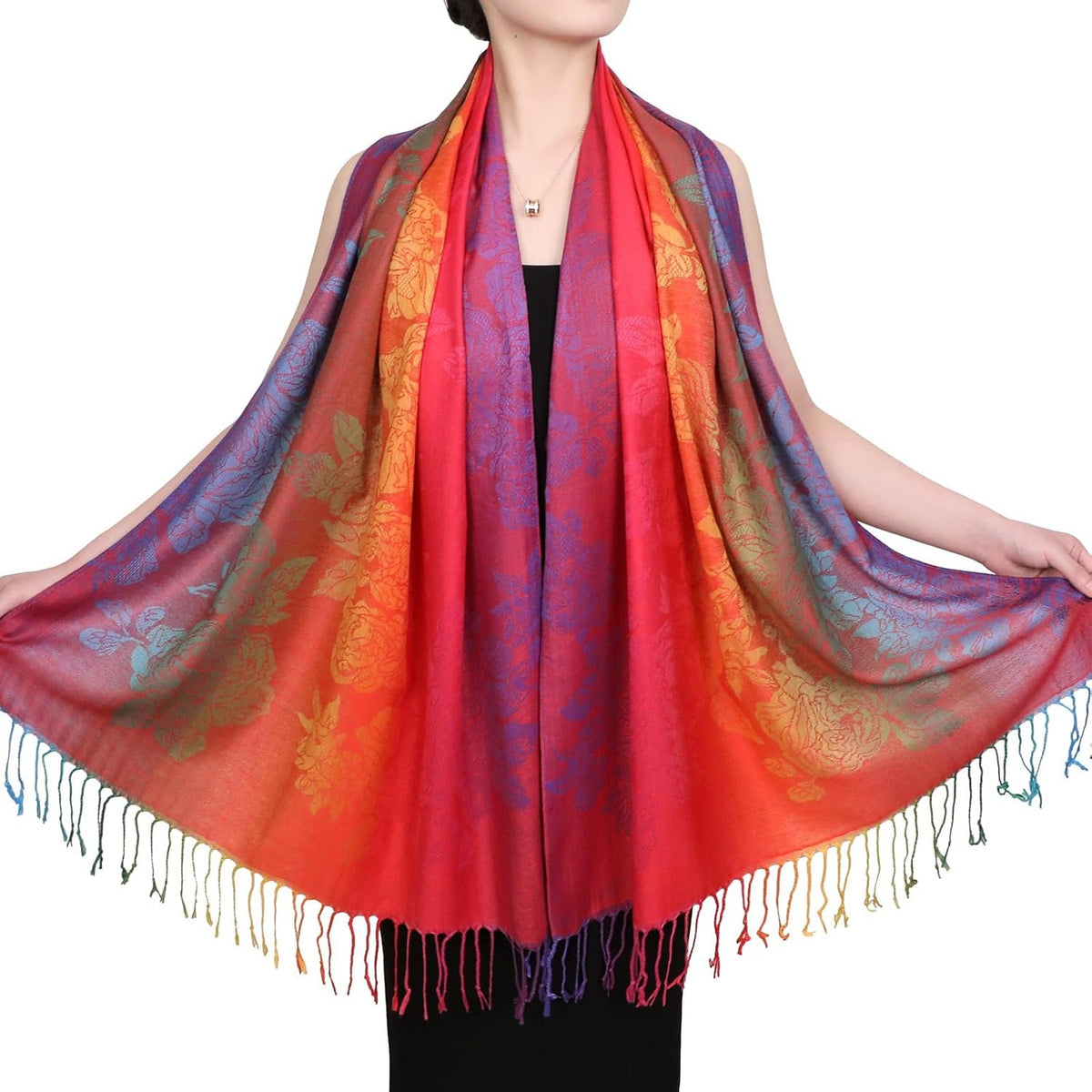 Colorful flowers Jacquard cotton pashmina Women Wrap Shawl tassels Scarves