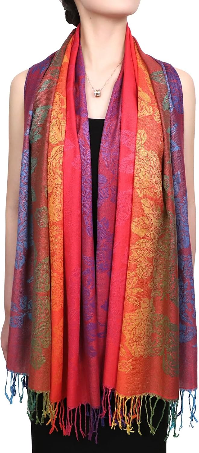 Colorful flowers Jacquard cotton pashmina Women Wrap Shawl tassels Scarves