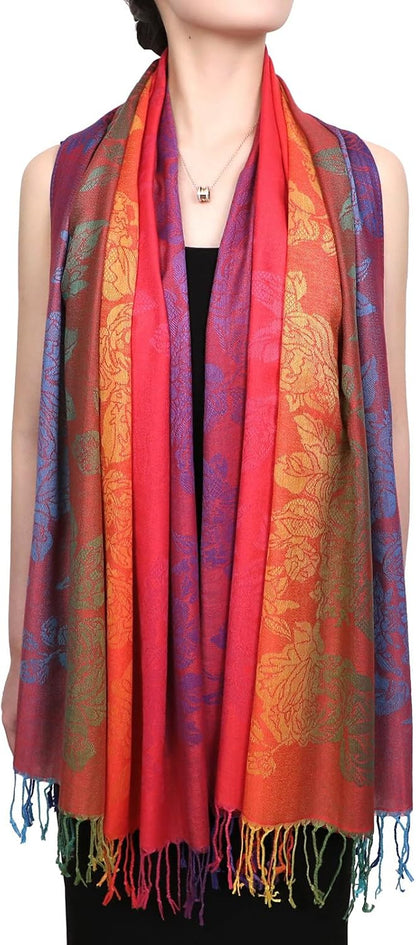 Colorful flowers Jacquard cotton pashmina Women Wrap Shawl tassels Scarves