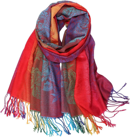 Colorful flowers Jacquard cotton pashmina Women Wrap Shawl tassels Scarves