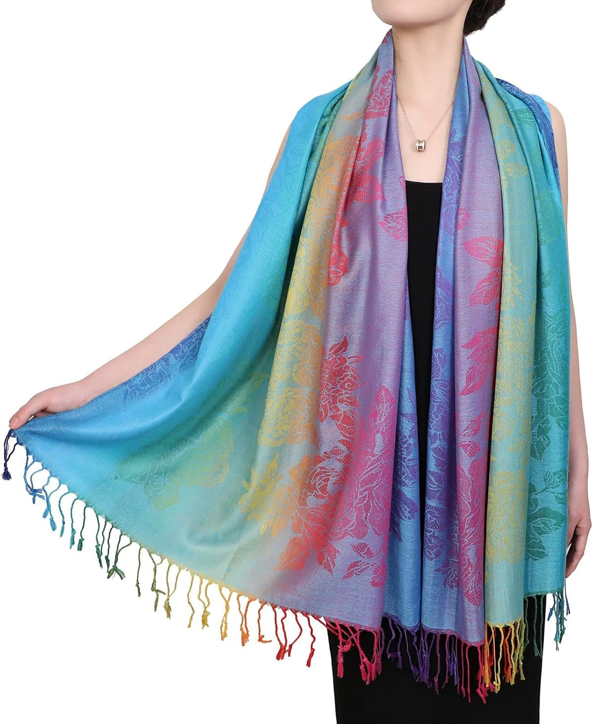 Colorful flowers Jacquard cotton pashmina Women Wrap Shawl tassels Scarves