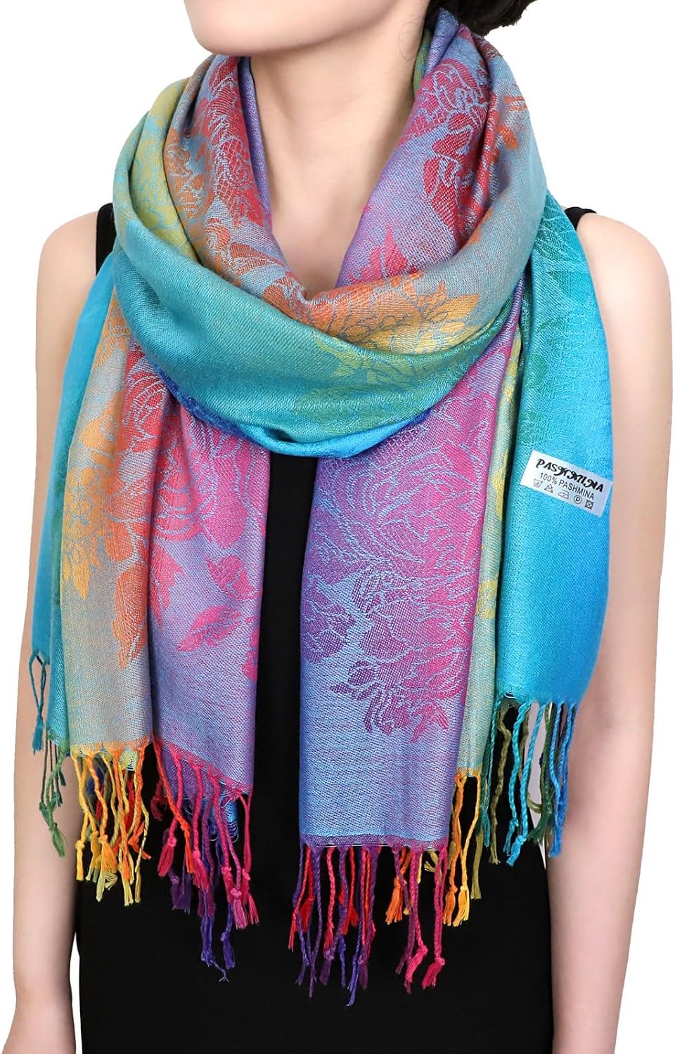 Colorful flowers Jacquard cotton pashmina Women Wrap Shawl tassels Scarves