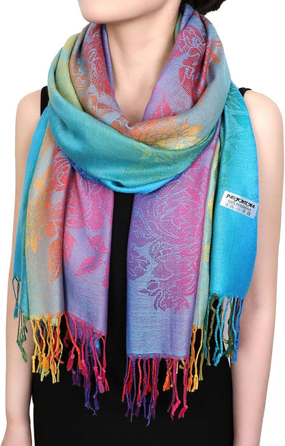 Colorful flowers Jacquard cotton pashmina Women Wrap Shawl tassels Scarves