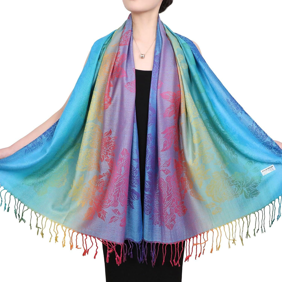 Colorful flowers Jacquard cotton pashmina Women Wrap Shawl tassels Scarves