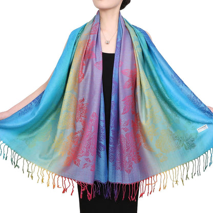 Colorful flowers Jacquard cotton pashmina Women Wrap Shawl tassels Scarves