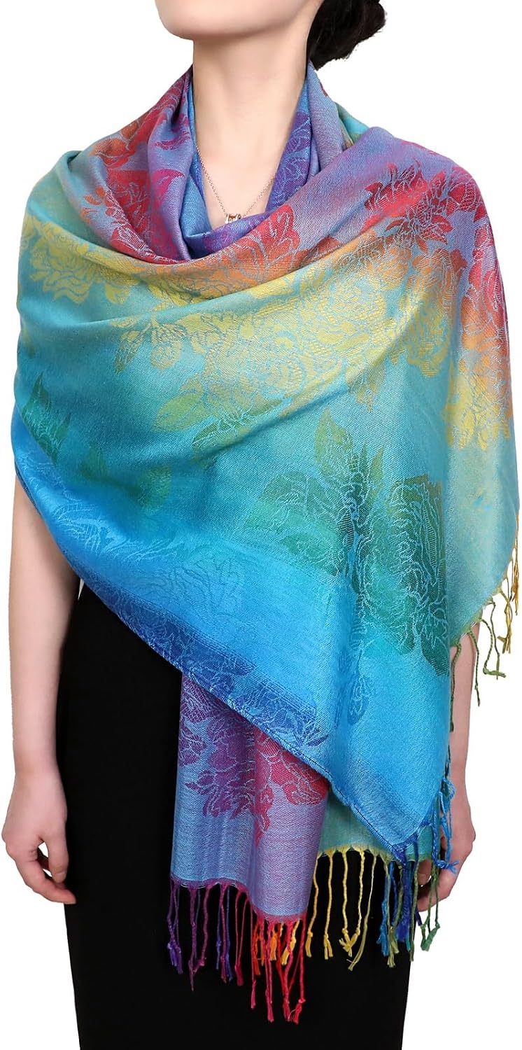 Colorful flowers Jacquard cotton pashmina Women Wrap Shawl tassels Scarves