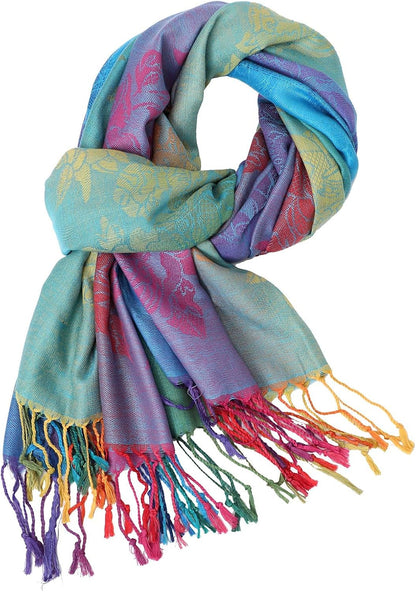 Colorful flowers Jacquard cotton pashmina Women Wrap Shawl tassels Scarves