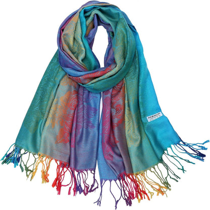 Colorful flowers Jacquard cotton pashmina Women Wrap Shawl tassels Scarves