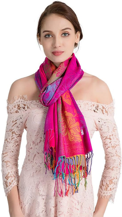Colorful flowers Jacquard cotton pashmina Women Wrap Shawl tassels Scarves