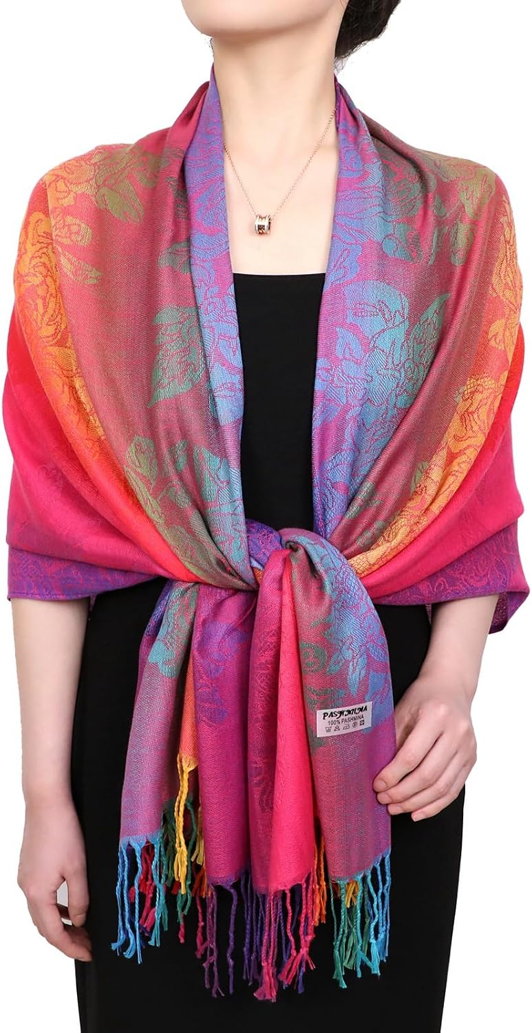 Colorful flowers Jacquard cotton pashmina Women Wrap Shawl tassels Scarves