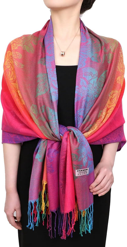 Colorful flowers Jacquard cotton pashmina Women Wrap Shawl tassels Scarves