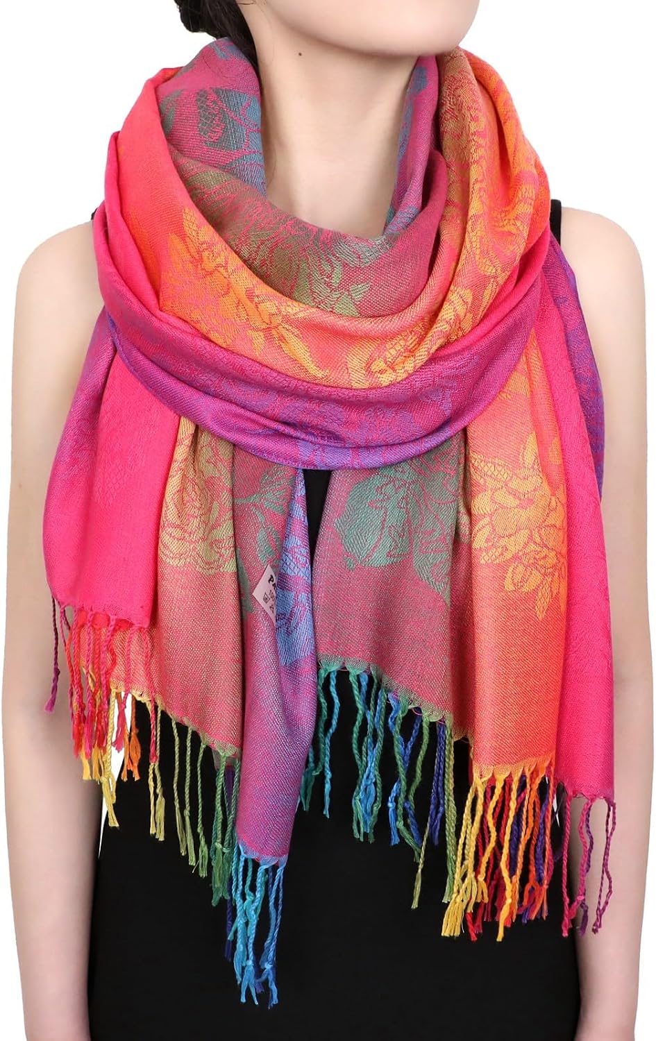 Colorful flowers Jacquard cotton pashmina Women Wrap Shawl tassels Scarves
