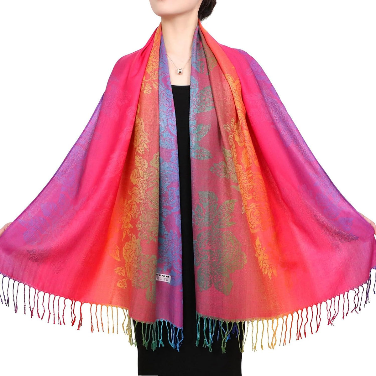Colorful flowers Jacquard cotton pashmina Women Wrap Shawl tassels Scarves