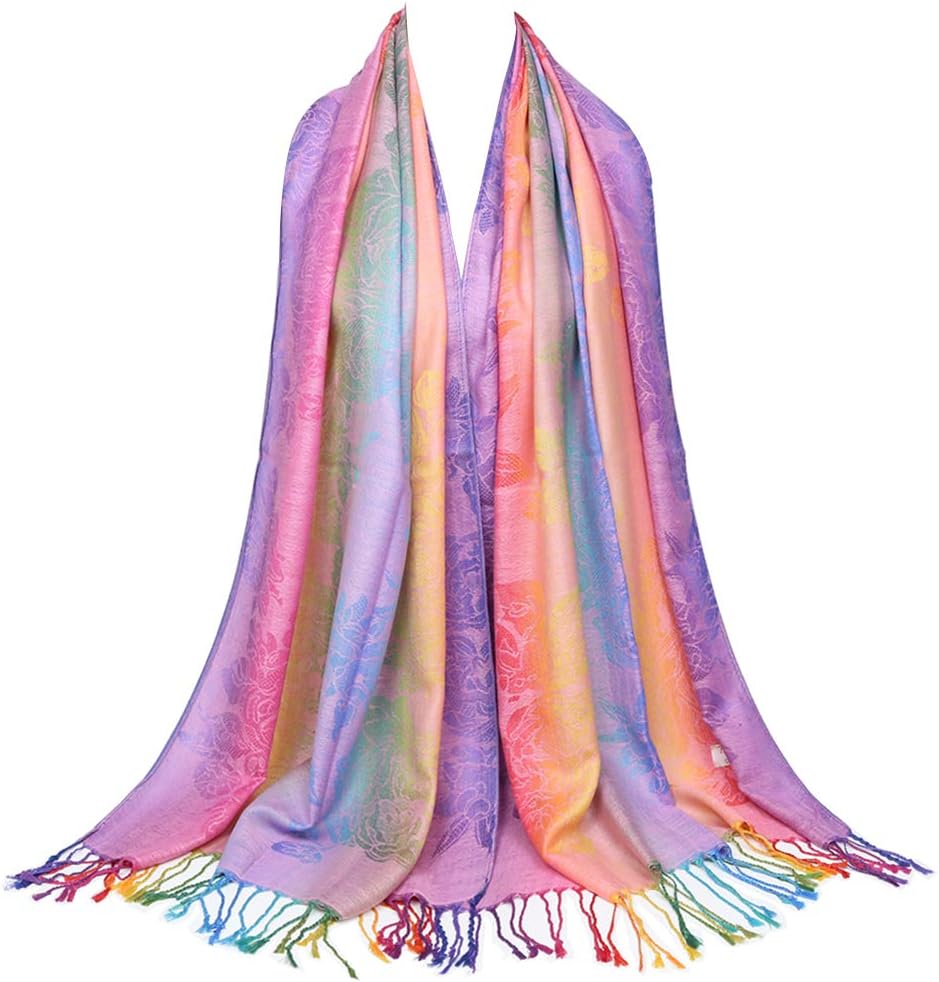Colorful flowers Jacquard cotton pashmina Women Wrap Shawl tassels Scarves