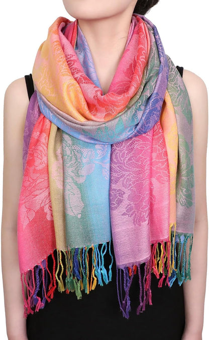 Colorful flowers Jacquard cotton pashmina Women Wrap Shawl tassels Scarves