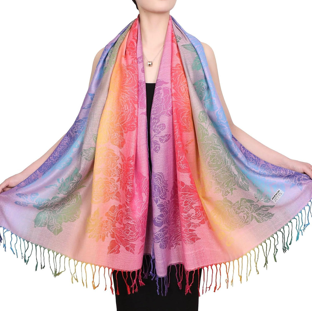 Colorful flowers Jacquard cotton pashmina Women Wrap Shawl tassels Scarves