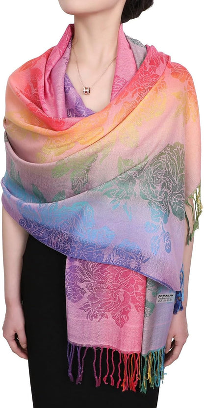 Colorful flowers Jacquard cotton pashmina Women Wrap Shawl tassels Scarves