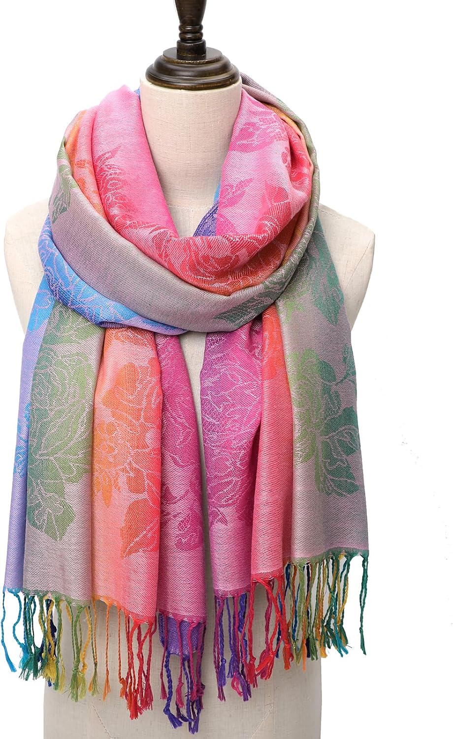 Colorful flowers Jacquard cotton pashmina Women Wrap Shawl tassels Scarves