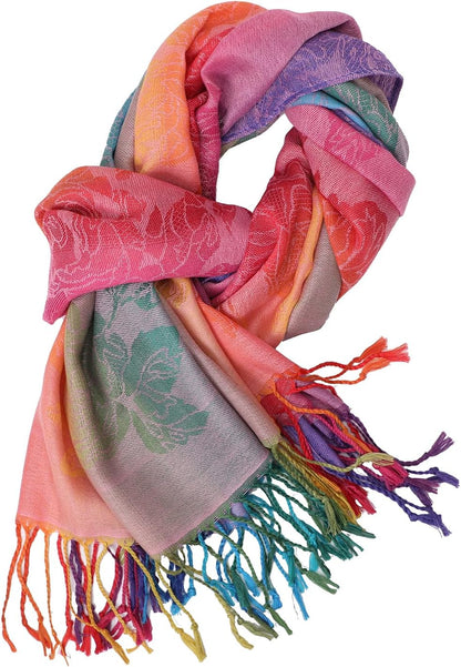 Colorful flowers Jacquard cotton pashmina Women Wrap Shawl tassels Scarves