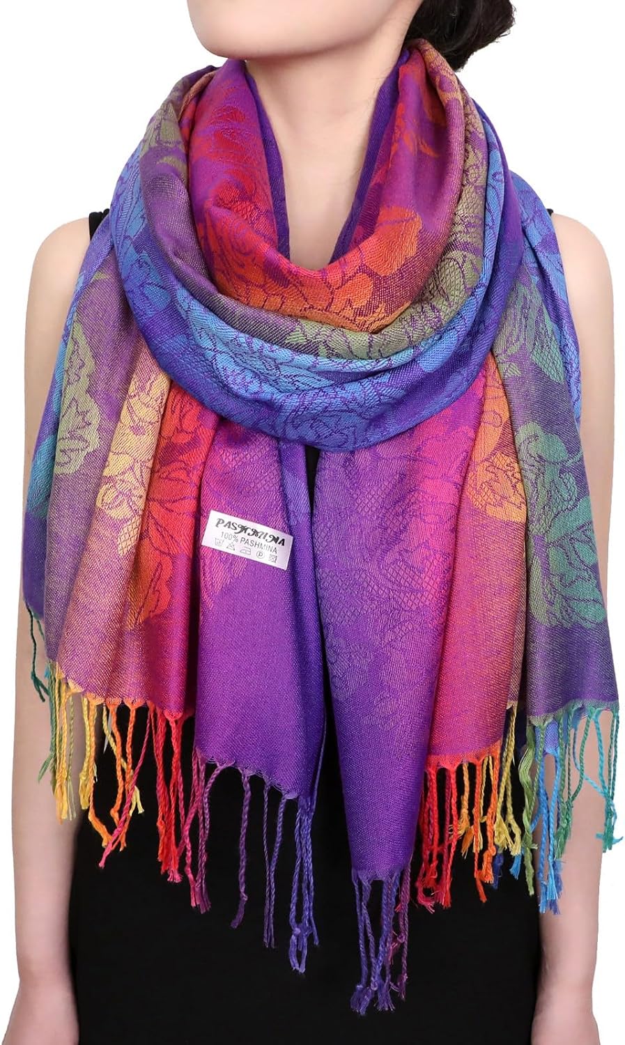 Colorful flowers Jacquard cotton pashmina Women Wrap Shawl tassels Scarves