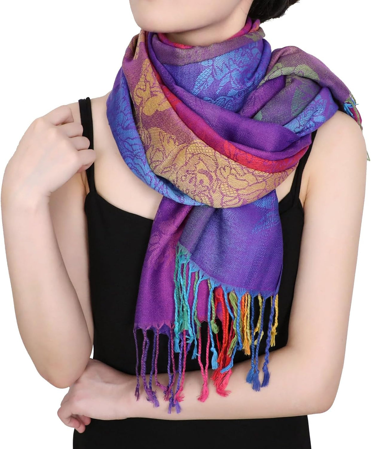 Colorful flowers Jacquard cotton pashmina Women Wrap Shawl tassels Scarves