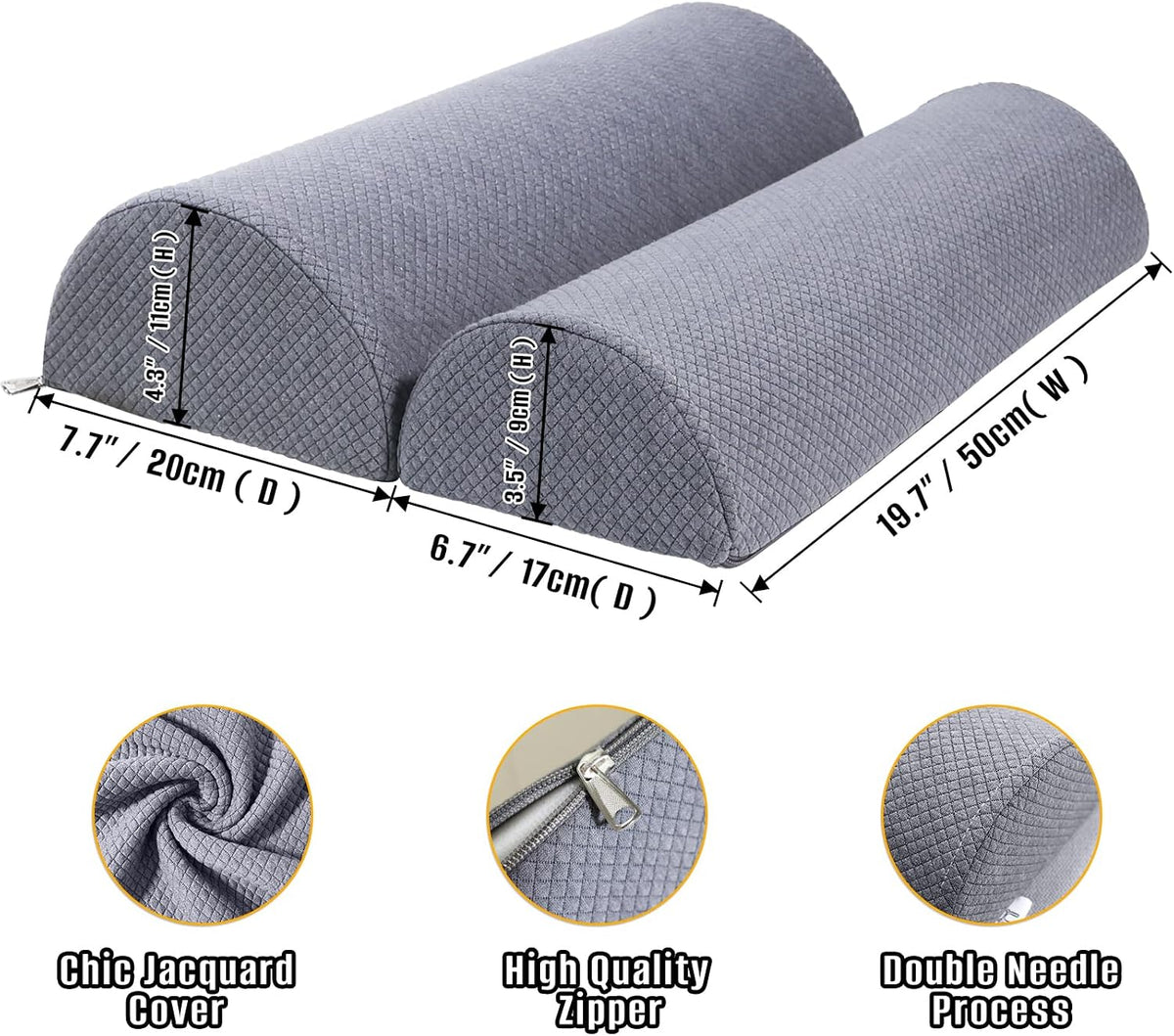 2PCS Knee Pillow for Sleeping, Half Moon Bolster Pillow for Neck, Legs, Ankle Foot & Knee Support, High Density Foam for Leg Elevation (19.6''x6.7''x3.5'', 19.6''x7.8''x4.3'')