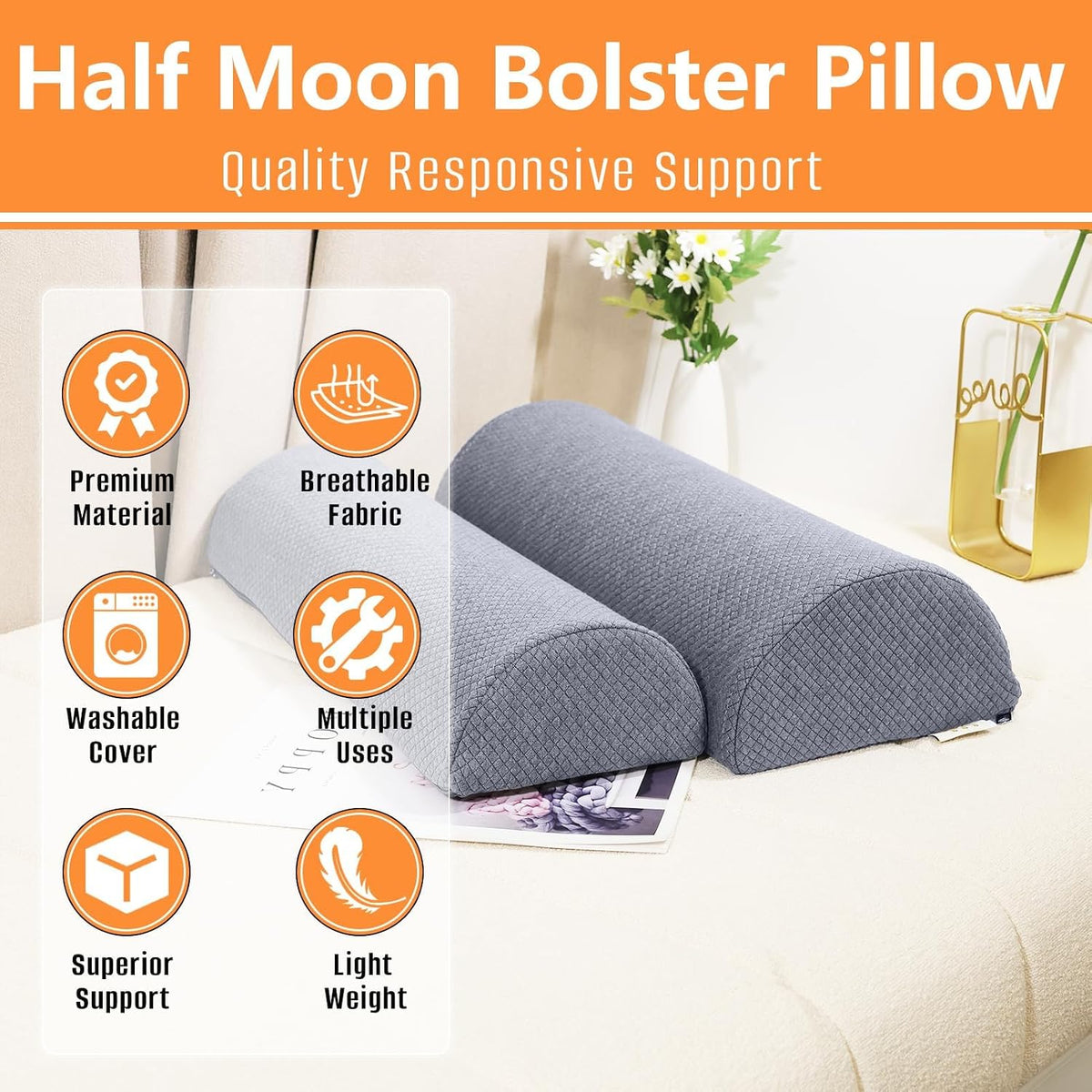 2PCS Knee Pillow for Sleeping, Half Moon Bolster Pillow for Neck, Legs, Ankle Foot & Knee Support, High Density Foam for Leg Elevation (19.6''x6.7''x3.5'', 19.6''x7.8''x4.3'')