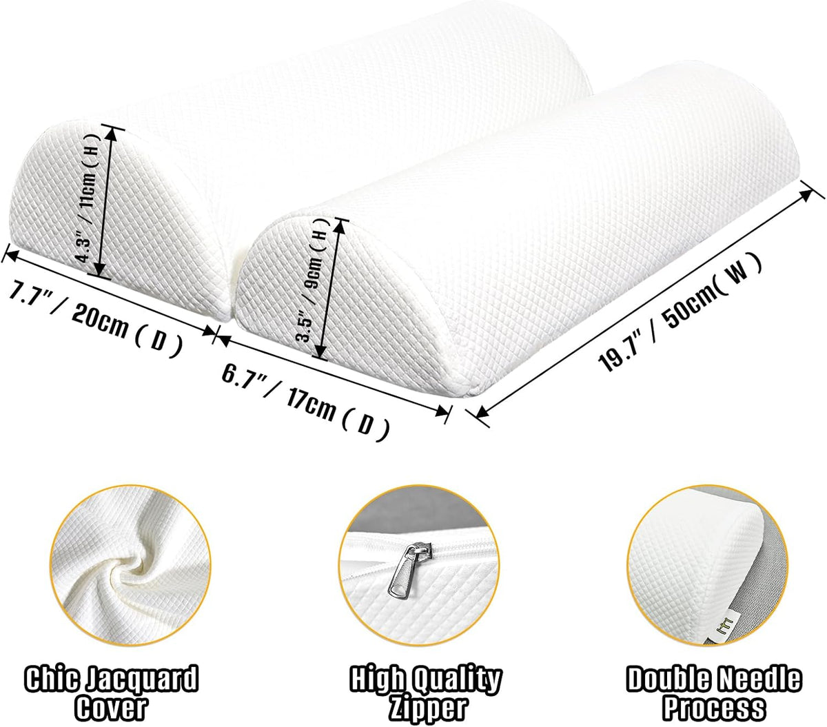 2PCS Knee Pillow for Sleeping, Half Moon Bolster Pillow for Neck, Legs, Ankle Foot & Knee Support, High Density Foam for Leg Elevation (19.6''x6.7''x3.5'', 19.6''x7.8''x4.3'')