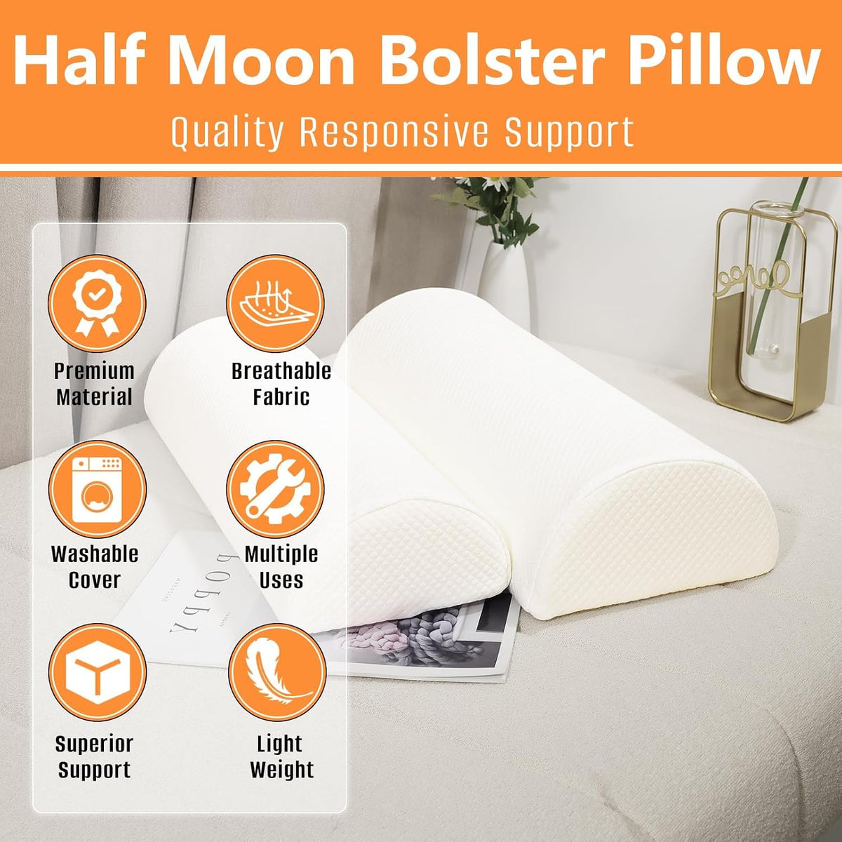 2PCS Knee Pillow for Sleeping, Half Moon Bolster Pillow for Neck, Legs, Ankle Foot & Knee Support, High Density Foam for Leg Elevation (19.6''x6.7''x3.5'', 19.6''x7.8''x4.3'')