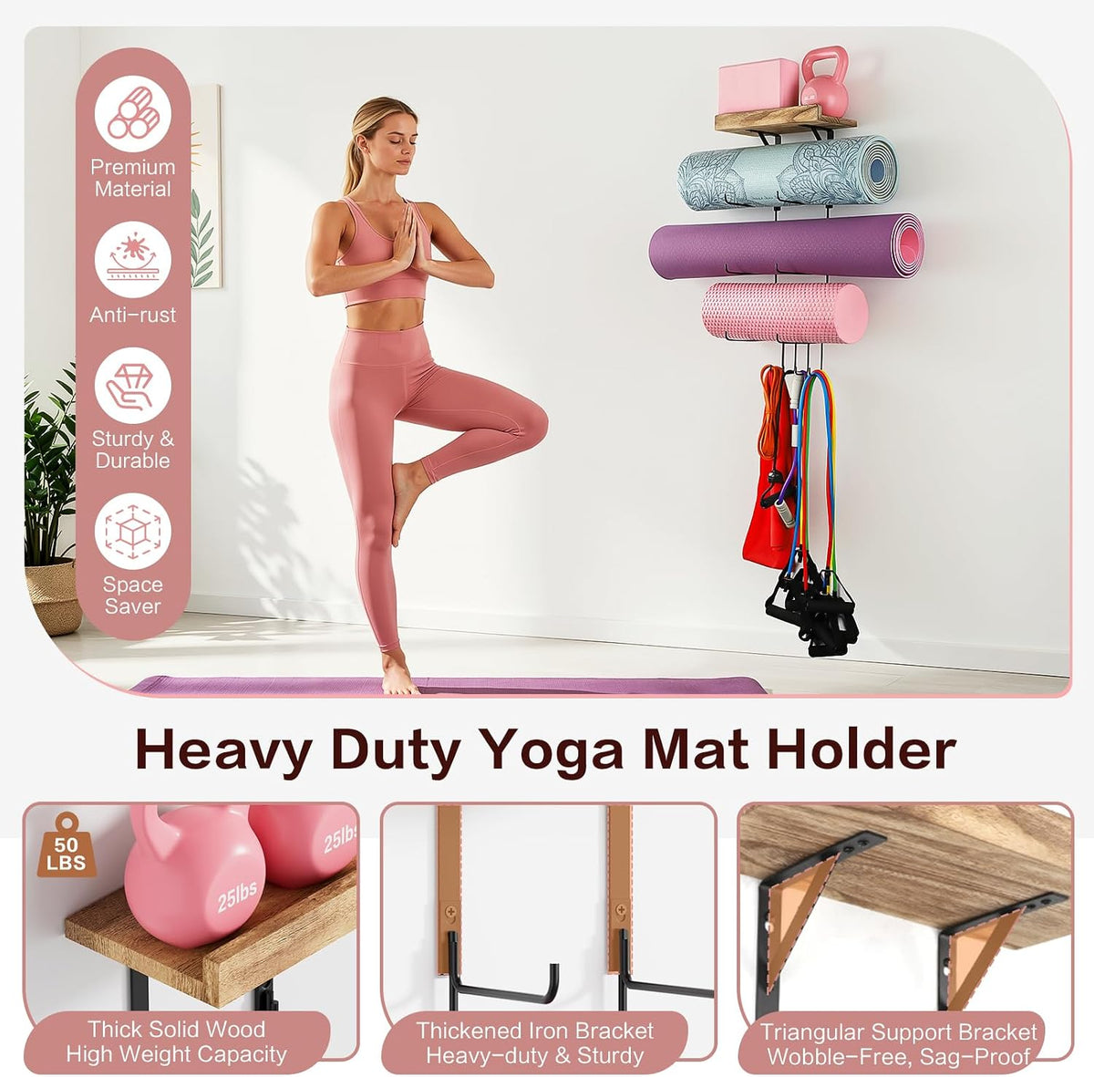 Yoga Mat Holder Accessories Wall Mount Organizer Storage Decor Foam Roller and Towel Storage Rack with 4 Hooks and Wooden Shelves Yoga Mats Rack Resistance Bands for Home Gym School Office