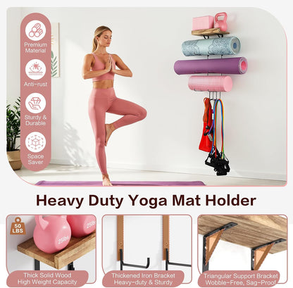 Yoga Mat Holder Accessories Wall Mount Organizer Storage Decor Foam Roller and Towel Storage Rack with 4 Hooks and Wooden Shelves Yoga Mats Rack Resistance Bands for Home Gym School Office